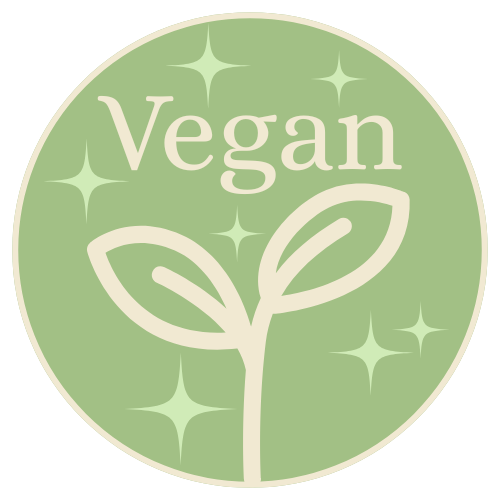 Circular 'Vegan' label with leaves on a green background