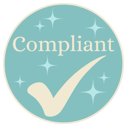 Circular logo with 'Compliant' text and a checkmark on a light blue background