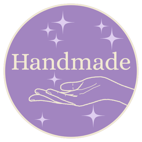 Circular logo with 'Handmade' text and a hand outline on a purple background with stars.